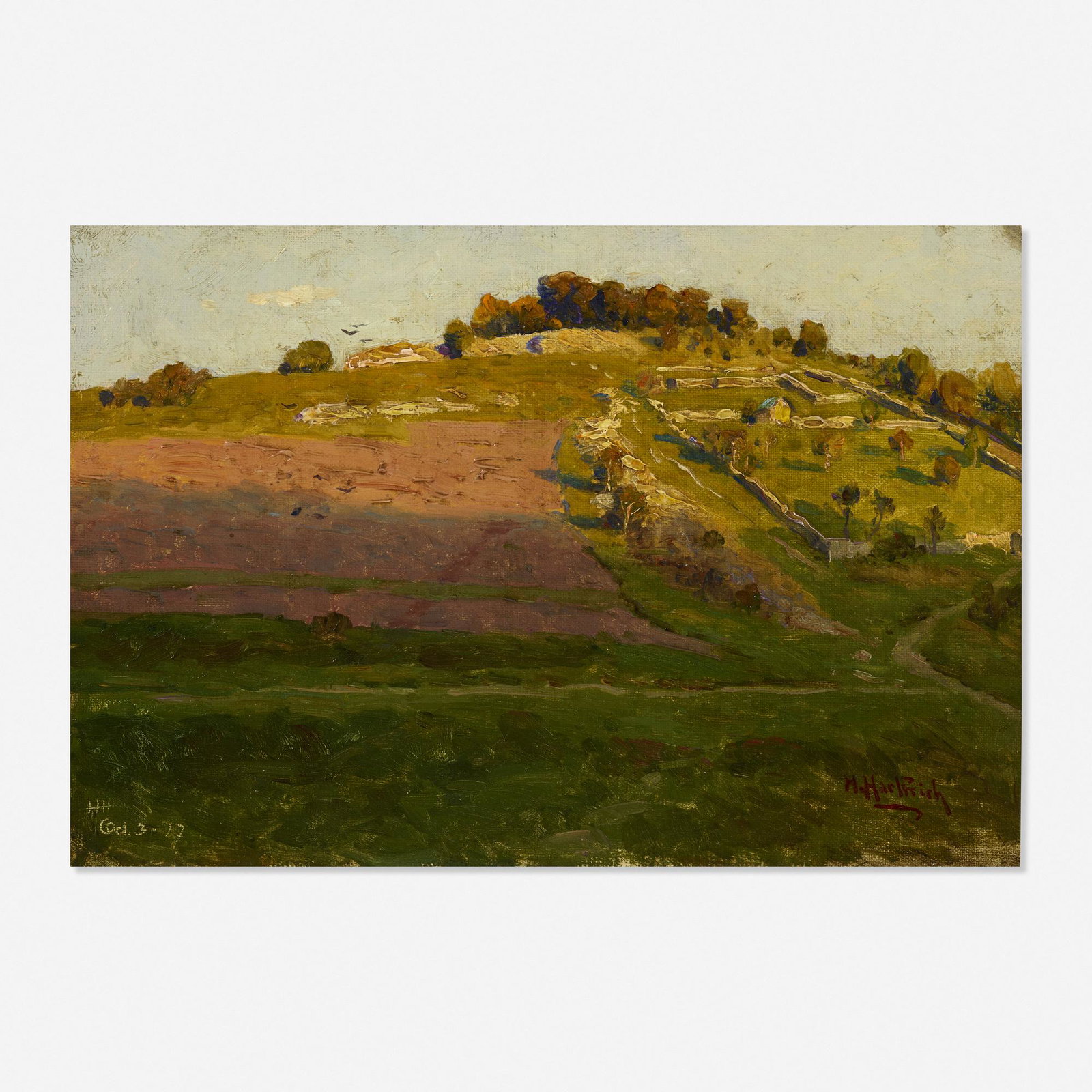 Hermann Hartwich, The Field on the Hill: Hermann Hartwich The Field on the Hill 1877 oil on canvas 10.375 h × 15.375 w in (26 × 39 cm) Signed, dated and inscribed to lower edge '6d. 3-77 H. Hartwich'. Provenance