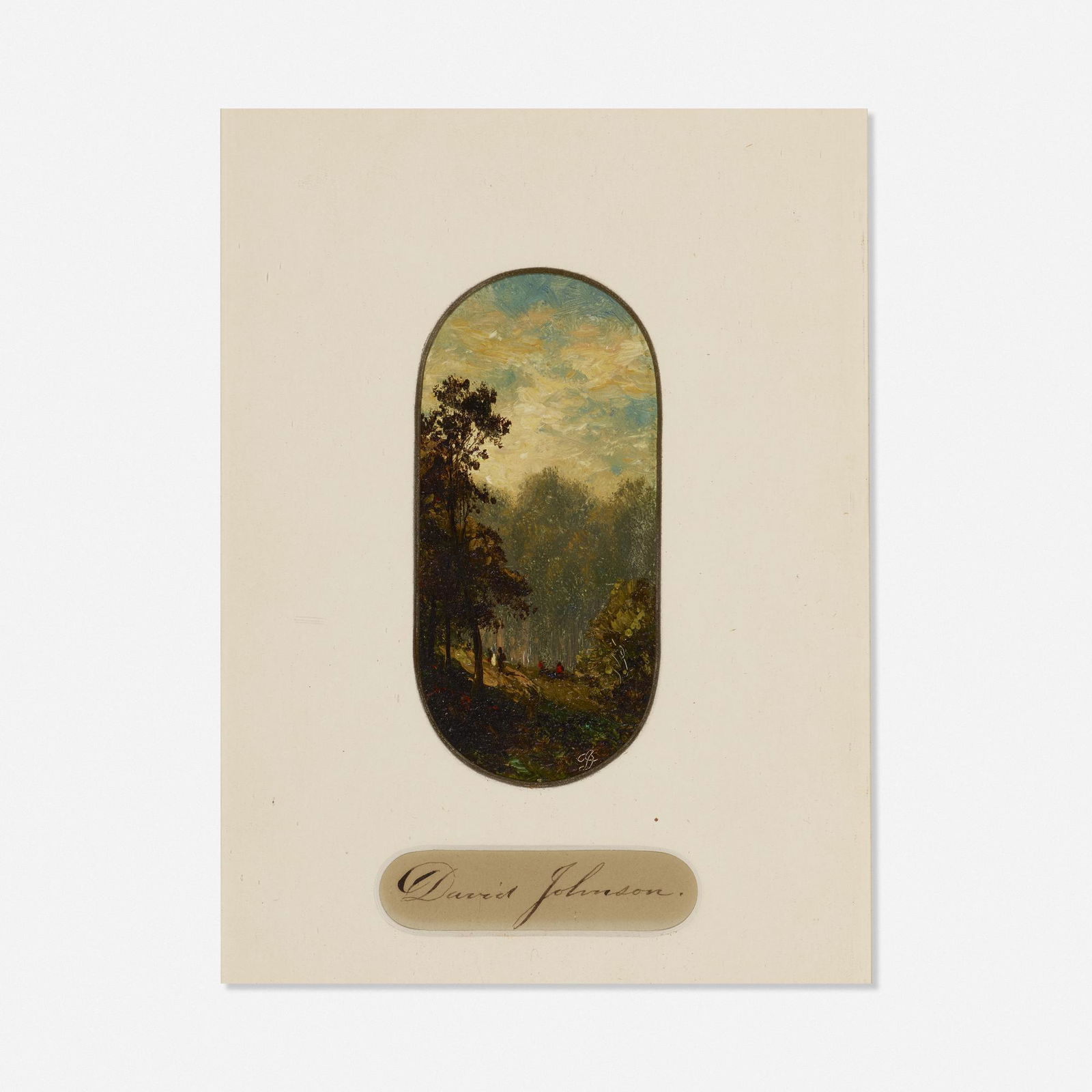 David Johnson, Figures in a Landscape: David Johnson Figures in a Landscape oil on paper laid to board5.125 h × 2.5 w in (13 × 6 cm) Signed to lower right 'DJ'.