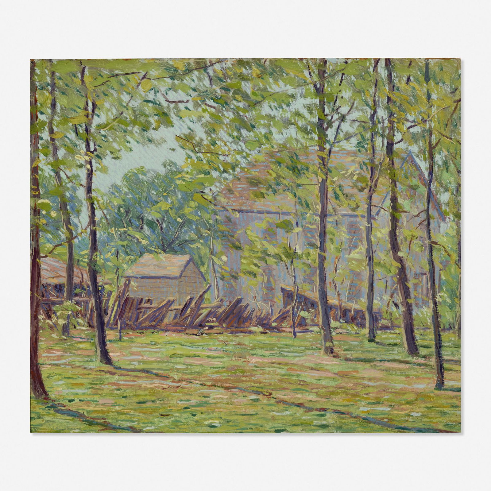 James Knox, Farm Buildings Through the Trees: James Knox Farm Buildings Through the Trees oil on canvas board12.25 h × 14.25 w in (31 × 36 cm) Provenance: Tepper Galleries, 4 June 2009, Lot 7