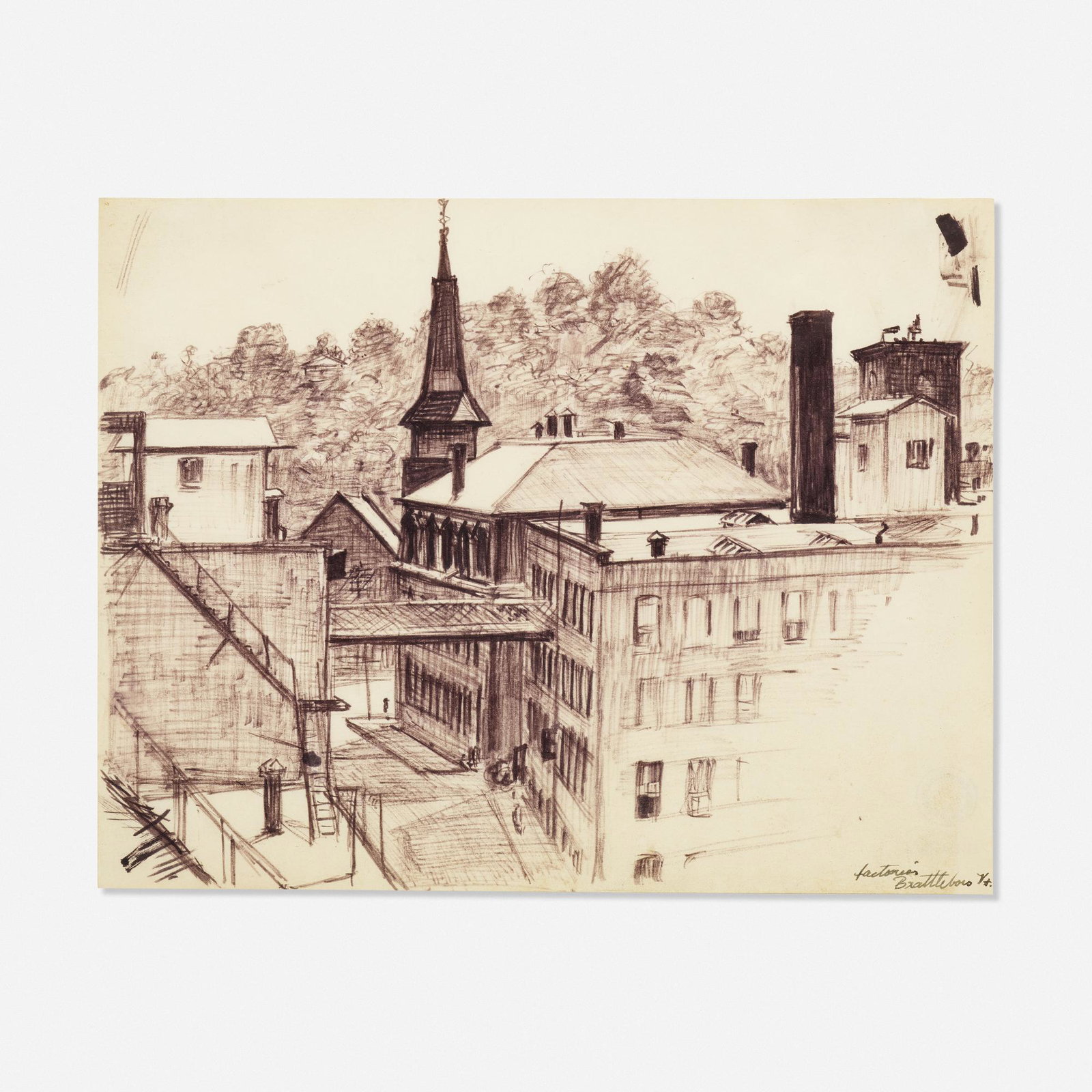 Martin Lewis, Factories, Brattleboro, Vermont: Martin Lewis Factories, Brattleboro, Vermont c. 1930 ink on paper 8.5 h × 11 w in (22 × 28 cm) Titled to lower right 'Factories Brattleboro VT'. Provenance: Coll