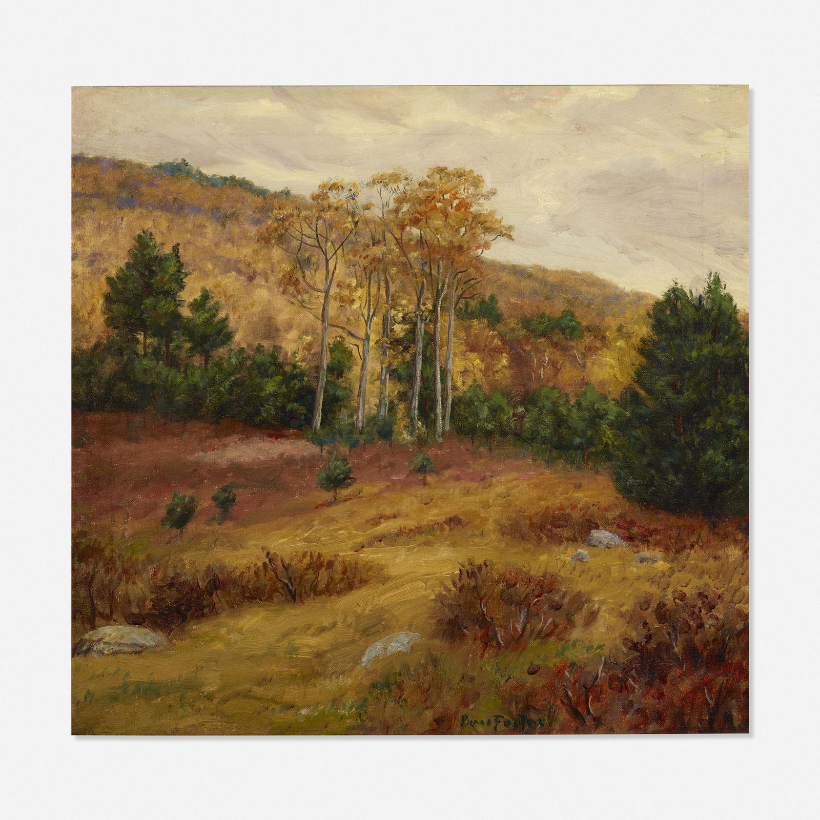 Ben Foster, Autumn Grove: Ben Foster Autumn Grove c. 1900oil on canvas20 h × 21 w in (51 × 53 cm) Signed to lower center 'Ben Foster'.