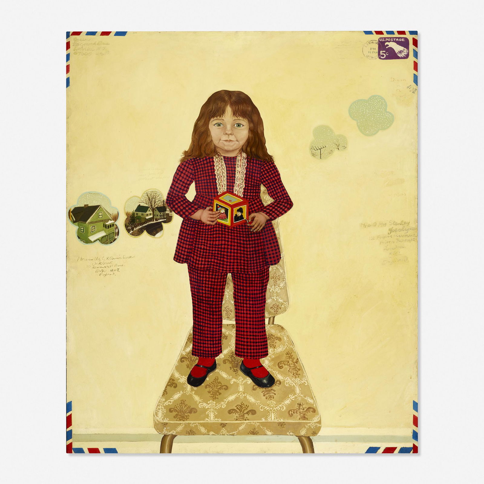 Anthony Green, Airmail Cards Souvenir from Leonia: Anthony Green Airmail Cards Souvenir from Leonia 1968oil on canvas48.5 h × 40 w in (123 × 102 cm) Signed, titled and dated to verso 'Air Mail Cards / Souvenir from Leonia Anthony Gree