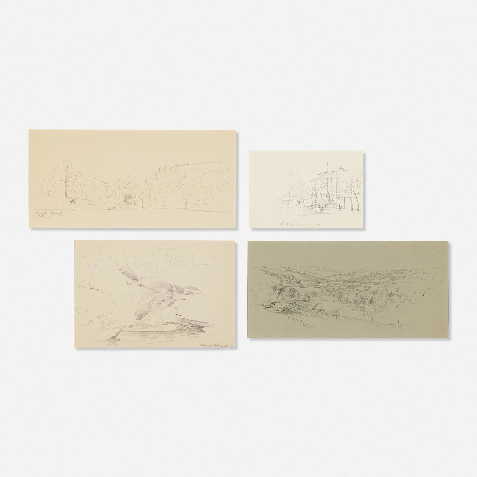 David Johnson, four works: David Johnson four works c. 1870graphite on paper, graphite and charcoal on paper12.5 h × 18.75 w in (32 × 48 cm) Lot includes Hussey Falls, West Compton, Bowling Gre
