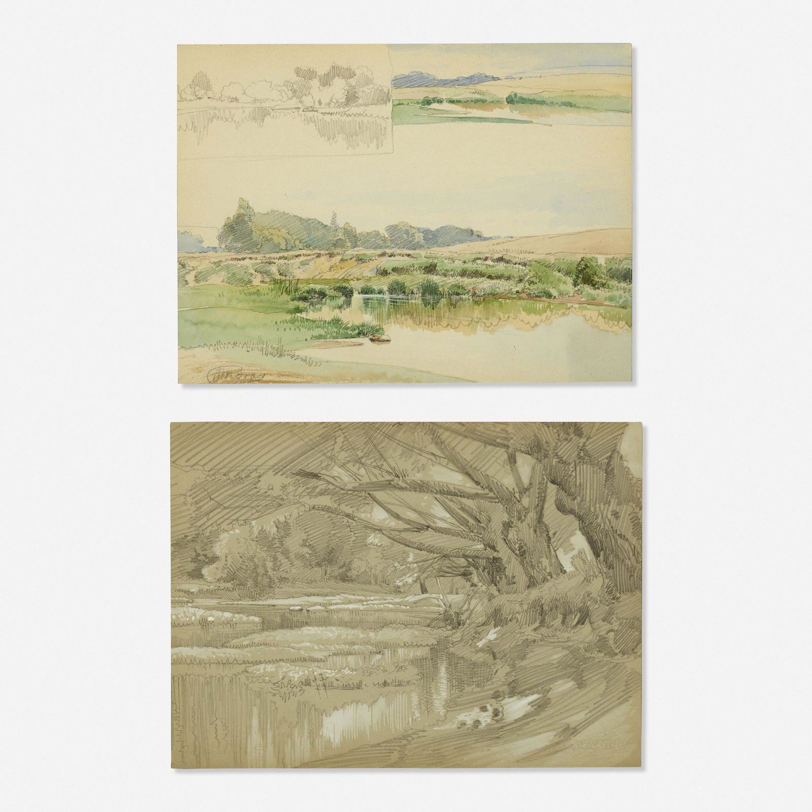 Peter Moran, two works: Peter Moran two works c. 1886graphite and gouache on paper, watercolor and graphite on paper9 h × 12 w in (23 × 30 cm) Signed to one work.