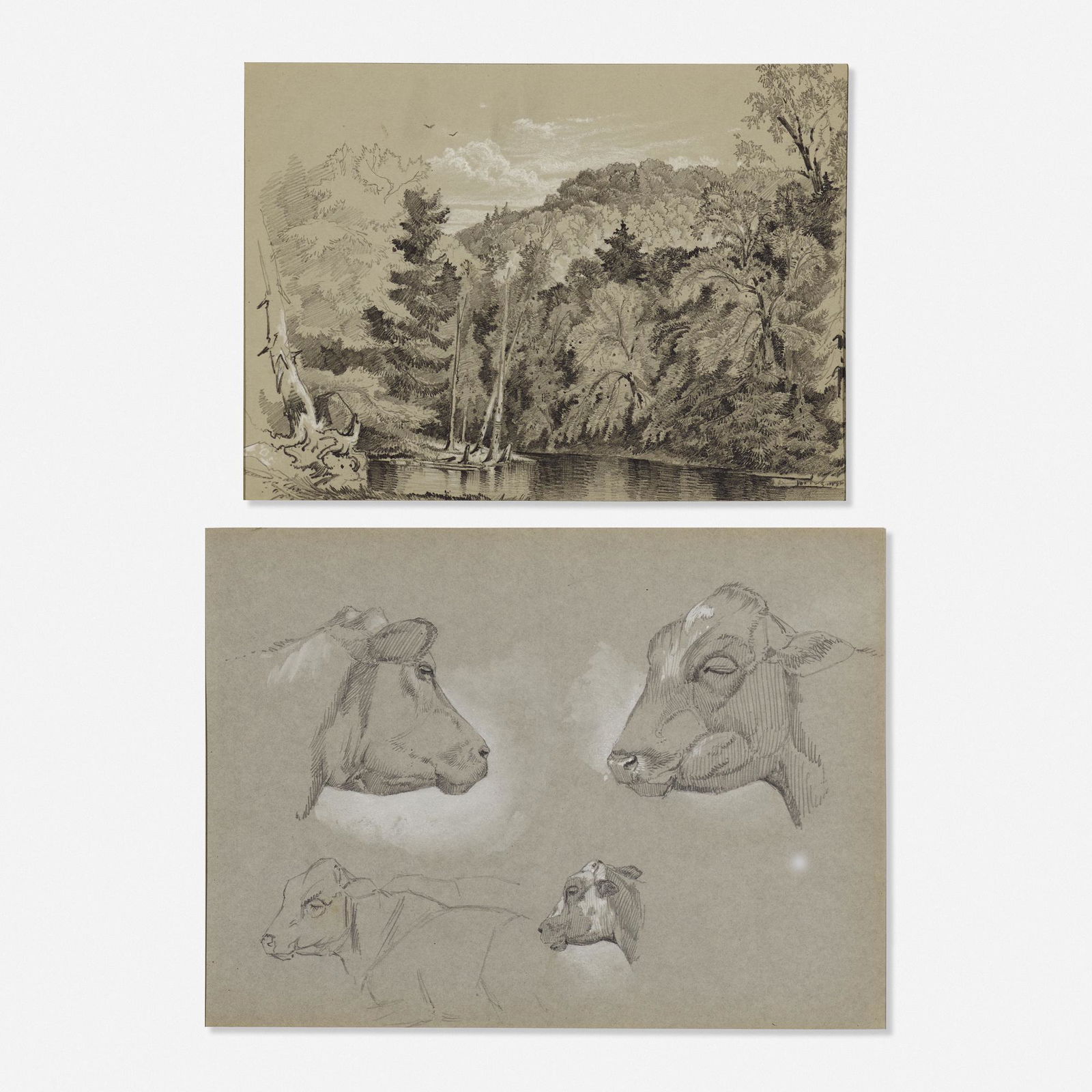 Peter Moran, two works: Peter Moran two works graphite and gouache on paper10 h × 11.125 w in (25 × 28 cm)