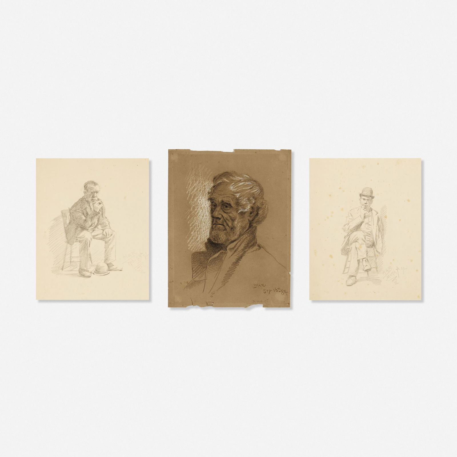 John Haberle, three works: John Haberle three works 1884, 1892graphite and chalk on paper11 h × 8.5 w in (28 × 22 cm) Signed and dated to all three works.