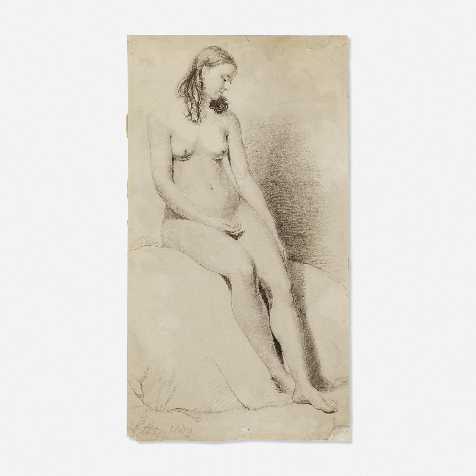 William Etty, Nude on a Rock: William Etty Nude on a Rock 1839graphite on paper19.75 h × 10.875 w in (50 × 28 cm) Signed and dated to lower left 'Etty 1839'.