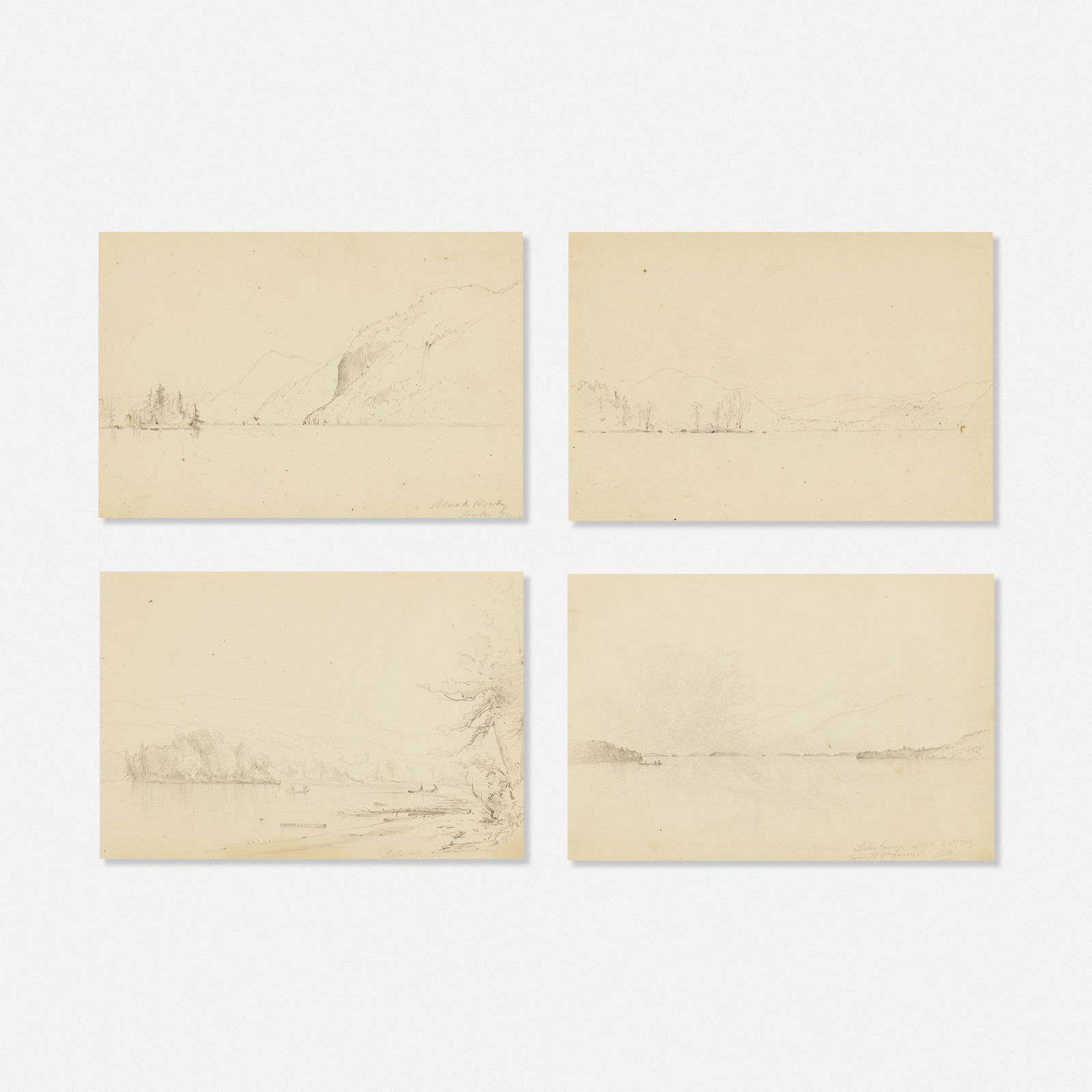 Guy Carleton Wiggins, four works (three of Lake George): Guy Carleton Wiggins four works (three of Lake George) 1869graphite on paper6.5 h × 9.5 w in (17 × 24 cm) Signed to one work. Titled to three works. Dated to one work. Inscribed to tw