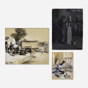 Henry Rankin Poore, three works: Henry Rankin Poore three works oil on board, watercolor, ink and gouache on paper10.75 h × 13 w in (27 × 33 cm) Lot includes Under a Clay Roof (The Mill), Outdoor Tenants, and