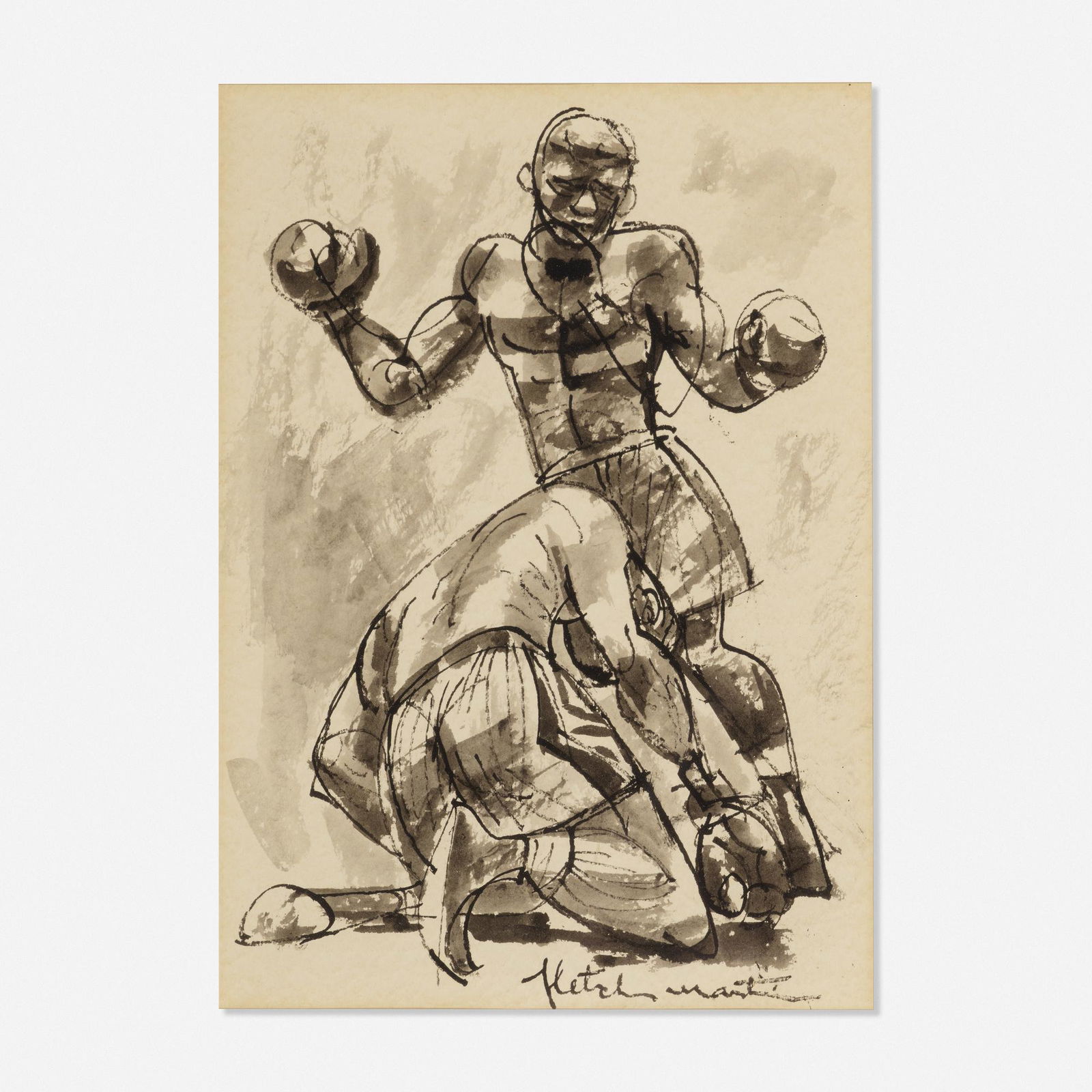 Fletcher Martin, In the Ring: Fletcher Martin In the Ring ink and wash on paper13.5 h × 9.5 w in (34 × 24 cm) Signed to lower right 'Fletcher Martin'.