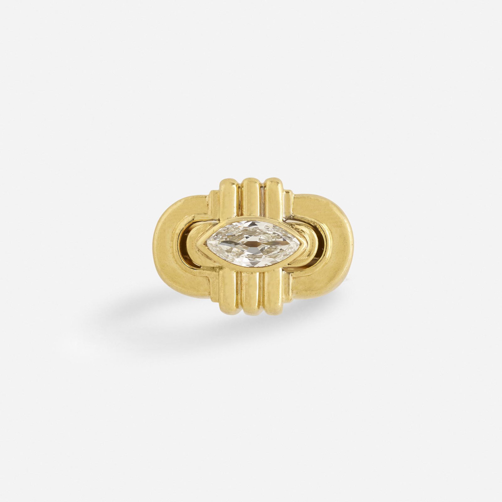 David Webb, Diamond and gold ring: David Webb Diamond and gold ring Set with a marquise-cut diamond within a sculpted gold mount 18k yellow gold Signed Webb Ring size 5 3/4; Gross weight 8.5 dwts