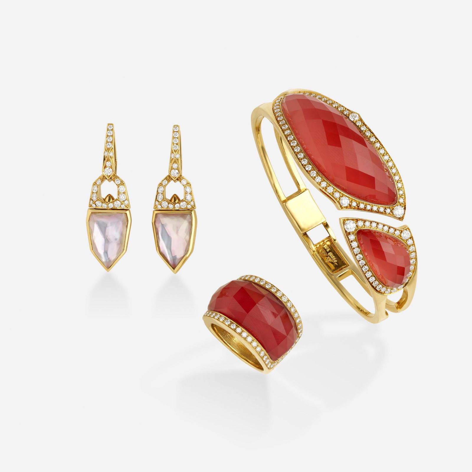 Stephen Webster, Quartz, diamond, and gold suite: Stephen Webster Quartz, diamond, and gold suite Comprising a hinged bangle bracelet, a 'crystal haze' ring, and a pair of earrings of orange faceted quartz, round brilliant-cut diamonds, and gold; ear