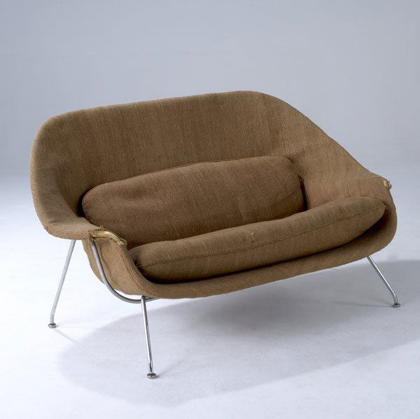EERO SAARINEN / KNOLL Womb sofa: EERO SAARINEN / KNOLL Womb sofa upholstered in brown wool on chrome-plated tubular steel frame. 34'' x 60'' x 38''
