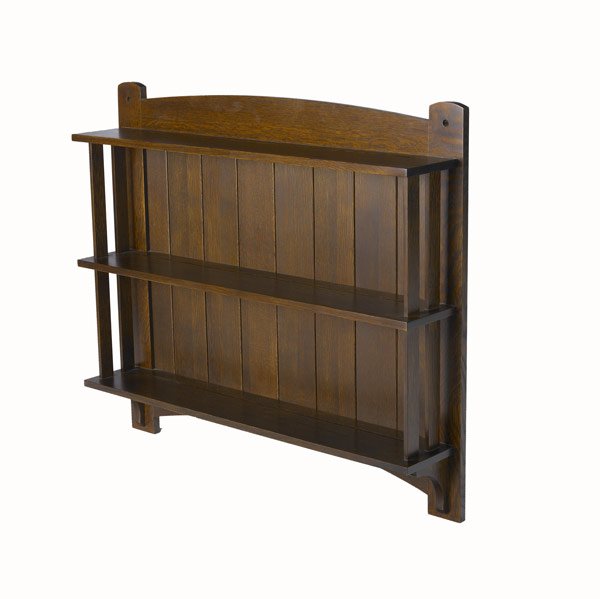 STICKLEY / E.J. AUDI: STICKLEY / E.J. AUDI Reproduction wall-hanging plate rack with arched crest rail and slatted sides. 31'' x 36'' x 6 1/2''