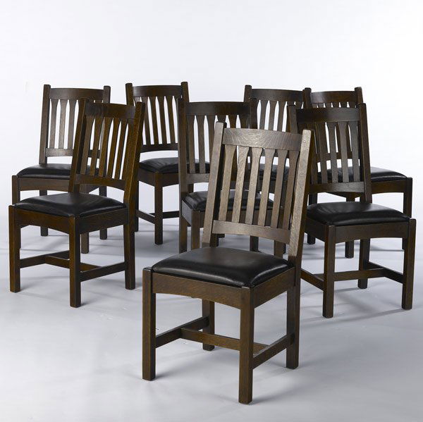 STICKLEY / E.J. AUDI: STICKLEY / E.J. AUDI Set of eight reproduction dining chairs with tapered vertical backsplats and drop-in leather seats. 37 3/4'' x 18 1/2'' x 21''