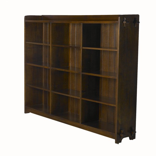 STICKLEY / E.J. AUDI: STICKLEY / E.J. AUDI Reproduction open bookcase with gallery top and three bays, each with center fixed shelf and two adjustable shelves. 55'' x 76'' x 12''