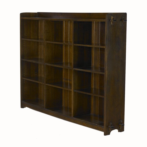 STICKLEY / E.J. AUDI Reproduction open bookcase: STICKLEY / E.J. AUDI Reproduction open bookcase with gallery top and three bays, each with center fixed shelf and two adjustable shelves. 55'' x 76'' x 12''