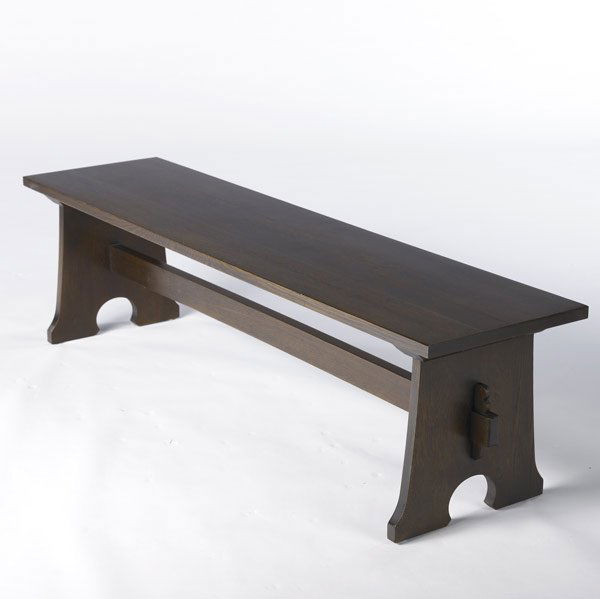 STICKLEY / E.J. AUDI Reproduction trestle bench: STICKLEY / E.J. AUDI Reproduction trestle bench with mousehole feet. 17'' x 64'' x 16''