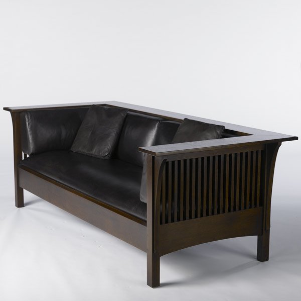STICKLEY / E.J. AUDI Reproduction Prairie settle: STICKLEY / E.J. AUDI Reproduction Prairie settle with broad shelf, long corbels, vetical slats and leather upholstery. 29 3/4'' x 84 1/2'' x 37 1/2''