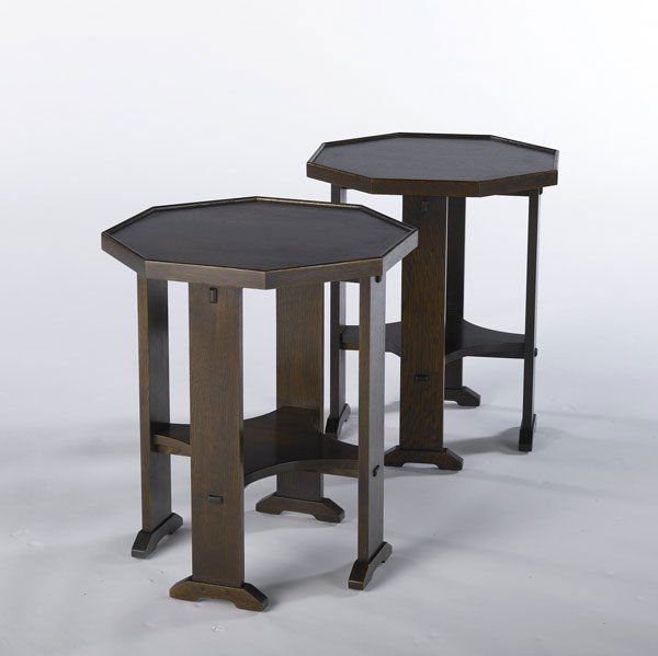 STICKLEY / E.J. AUDI: STICKLEY / E.J. AUDI Reproduction pair of octagonal tabourets, each with shoe feet and cut-out lower shelf. 24'' x 20'' sq.