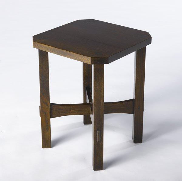 STICKLEY / E.J. AUDI: STICKLEY / E.J. AUDI Reproduction clip-corner tabouret with crossed corseted stretchers. 22'' x 17'' sq.