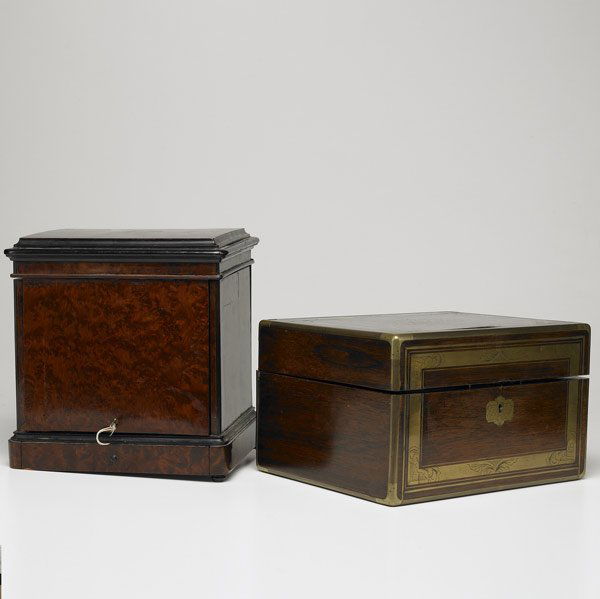 19th C. DECORATIVE BOXES: 19th C. DECORATIVE BOXES Regency period jewelry box in rosewood with inlaid bronze together with a burled wood specimen cabinet. Larger: 10 1/2''