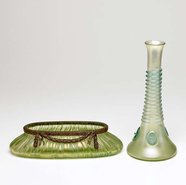 BOHEMIAN GLASS Two vessels of green lustered glass