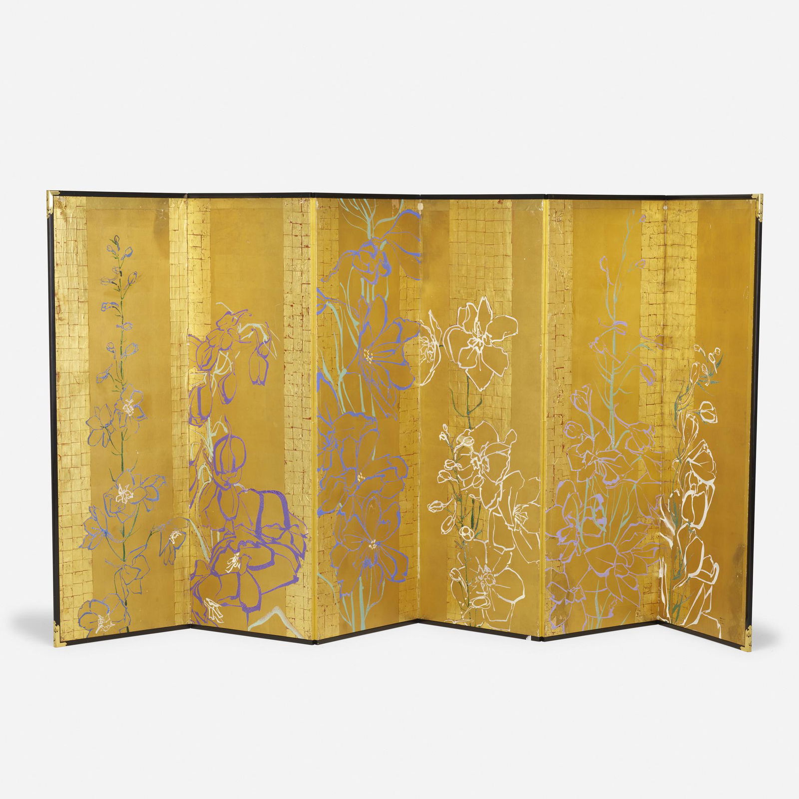 Robert Kushner, Delphiniums six-panel screen: Robert Kushner Delphiniums six-panel screen 2001-03oil, ink, glitter and gold leaf on Japanese screen, brass66.75 h × 145.5 w × 0.5 d in (170 × 370 × 1 cm) Each panel meas