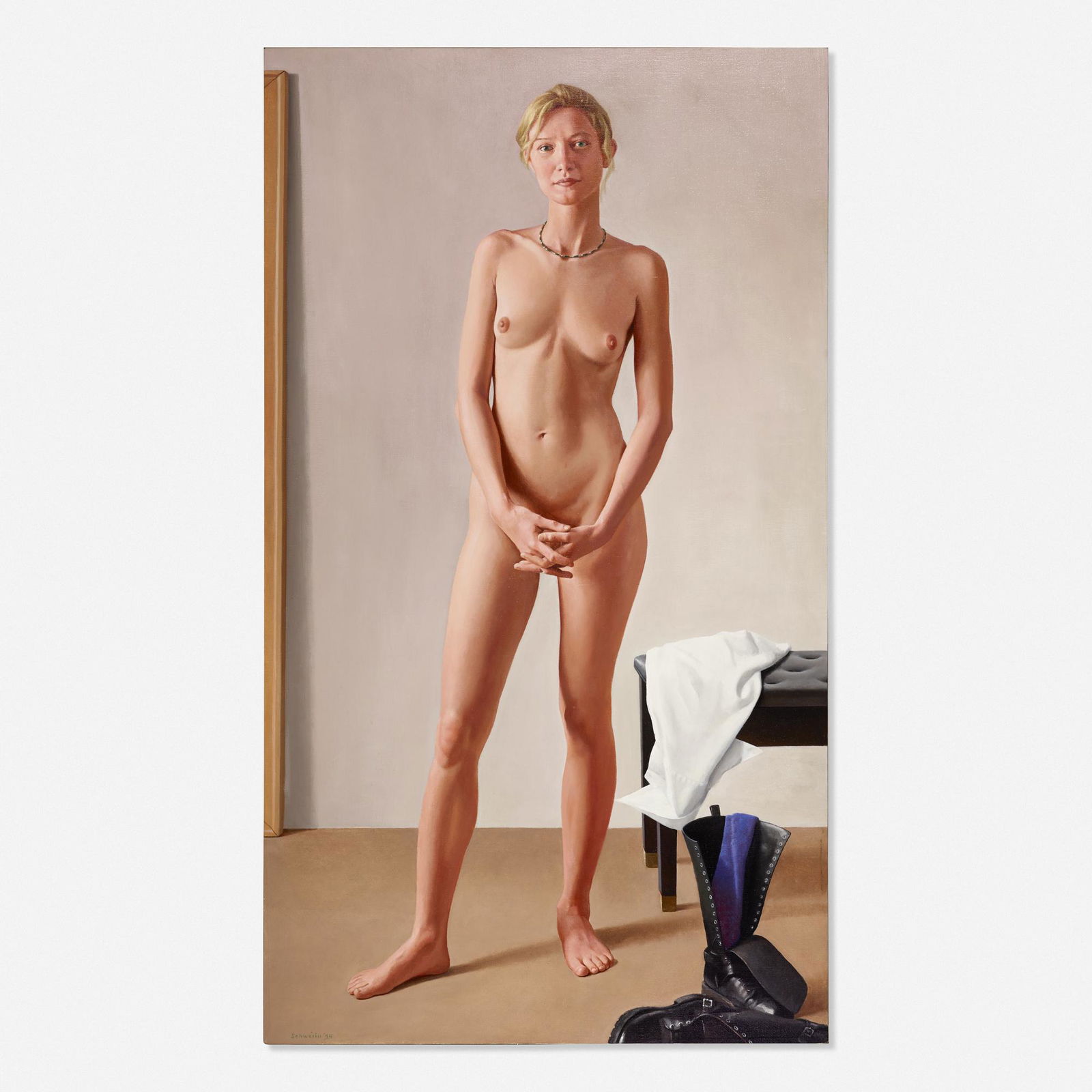 Ron Schwerin, Standing Nude Sky: Ron Schwerin Standing Nude Sky 1994oil on linen64 h × 36 w in (163 × 91 cm) Signed and dated to lower left 'Schwerin 94'. Provenance: Acquired directly from th