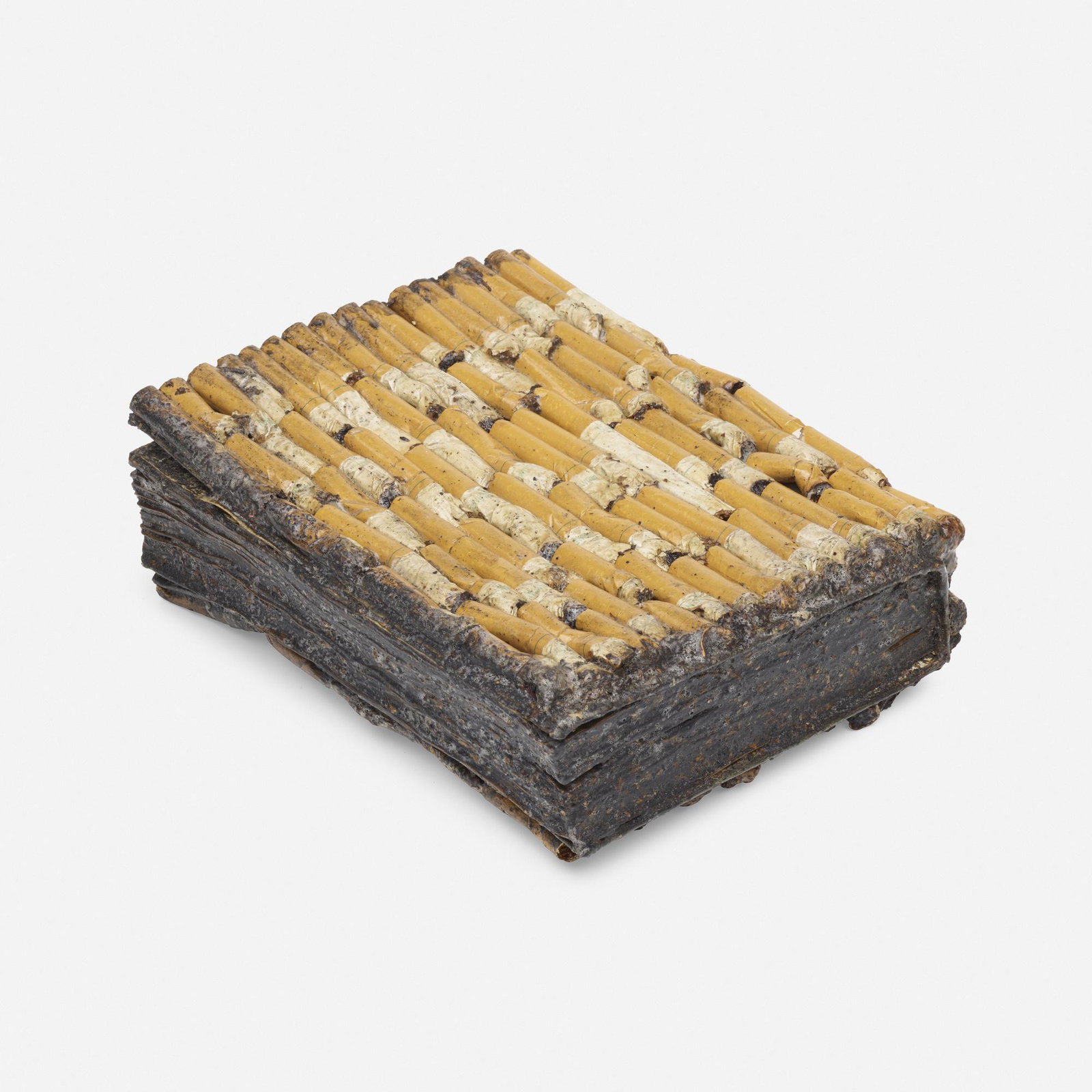 Barton Benes, three works: Barton Benes Tobacco Road; Untitled (Chewing Gum Book); Untitled (Book with Cigarette Butts) (three works) c. 1972-74 mixed media book construction 2 h × 7.25 w × 5.5 d in (5 × 18 &t