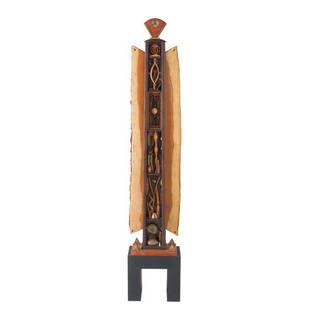 STEVEN SPIRO Sculpture: STEVEN SPIRO Sculpture of carved exotic wood elements and inlays. 66'' x 12 1/2'' x 9''