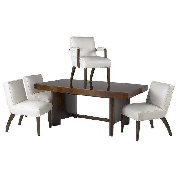 GILBERT ROHDE Dining table with four chairs: GILBERT RHODE / HERMAN MILLER Extension dining table with rare burled maple and mahogany parquet top, with two 24'' leaves, along four dining chairs, three side- and one arm-. Table: 30'' x 72'' x 40