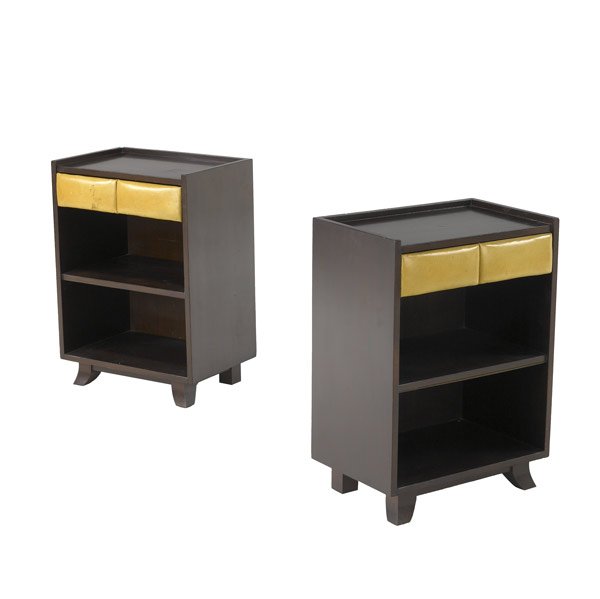 GILBERT ROHDE Pair of nightstands: GILBERT ROHDE / HERMAN MILLER Pair of nightstands, each with single leatherette-covered drawer, and lower shelf. Marked with stenciled numbers. 25'' x 18'' x 12 1/2''
