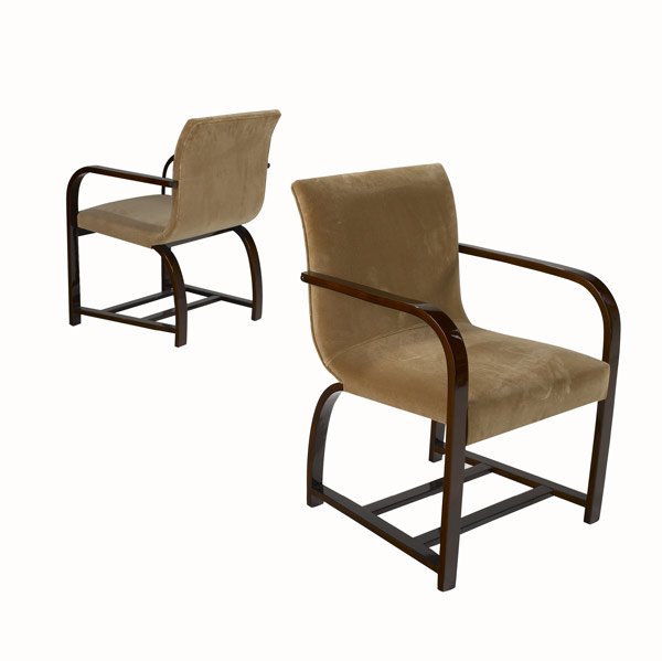 GILBERT ROHDE / HERMAN MILLER Pair of armchairs: GILBERT ROHDE / HERMAN MILLER Pair of armchairs with mohair upholstery on lacquered and bent maple frames. 33'' x 22 1/2'' x 25''