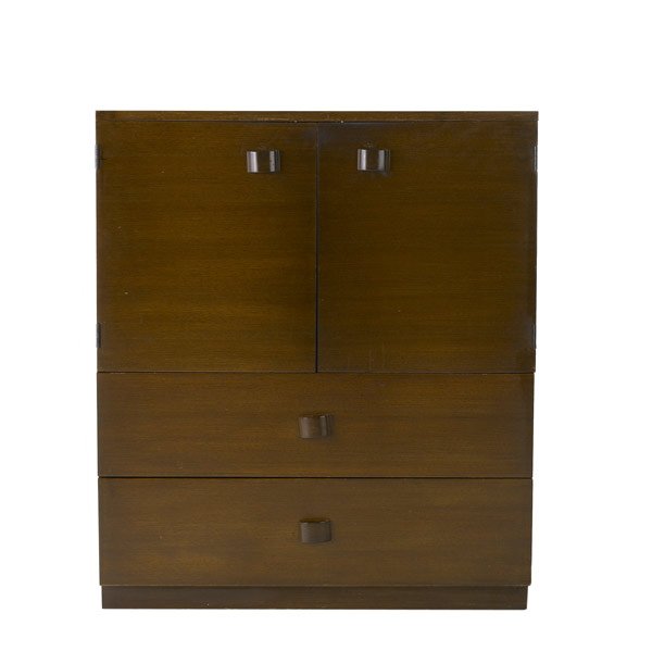 GILBERT ROHDE / HERMAN MILLER Three case pieces: GILBERT ROHDE / HERMAN MILLER Three walnut case pieces: small dresser; two-door cabinet with sliding glass doors; and drop-front desk with two drawers and cabinet. All with stenciled numbers. Each: 42