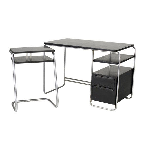 WOLFGANG HOFFMANN / HOWELL Desk and typing stand: WOLFGANG HOFFMANN / HOWELL Single-pedestal desk with matching typing stand, in black enameled wood on tubular metal frames. Howell decal to desk. Desk: 30 1/4'' x 44'' x 25'', stand: 29 1/2'' x 21'' x