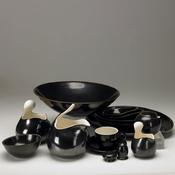 EVA ZEISEL Town and Country dinnerware, 15 pieces: EVA ZEISEL Fifteen-piece assorted set of Town and Country dinnerware covered in dark brown metallic glaze. Largest bowl: 4'' x 13 1/2''
