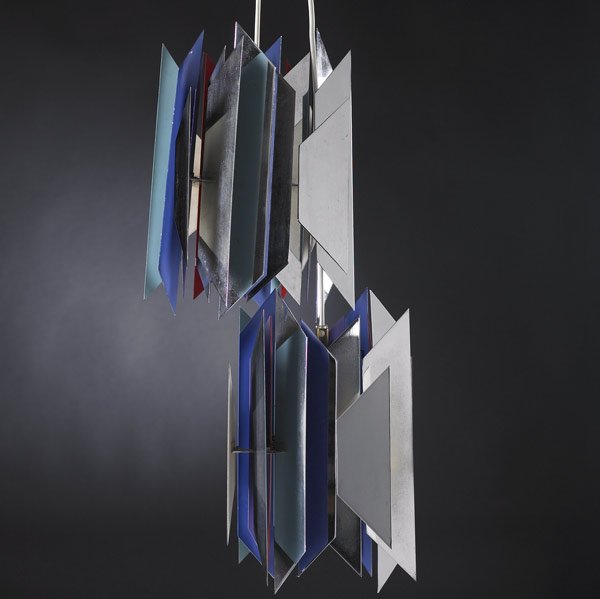 SIMON HENNINGSEN / LYFA Pair of pendant lamps: SIMON HENNINGSEN / LYFA Pair of Tivolilampe pendant lamps in chromed metal, enameled on the reverse in polychrome, ca. 1965. (Simon Henningsen designed these for the Divan-2 restaurant in Copenhagen's