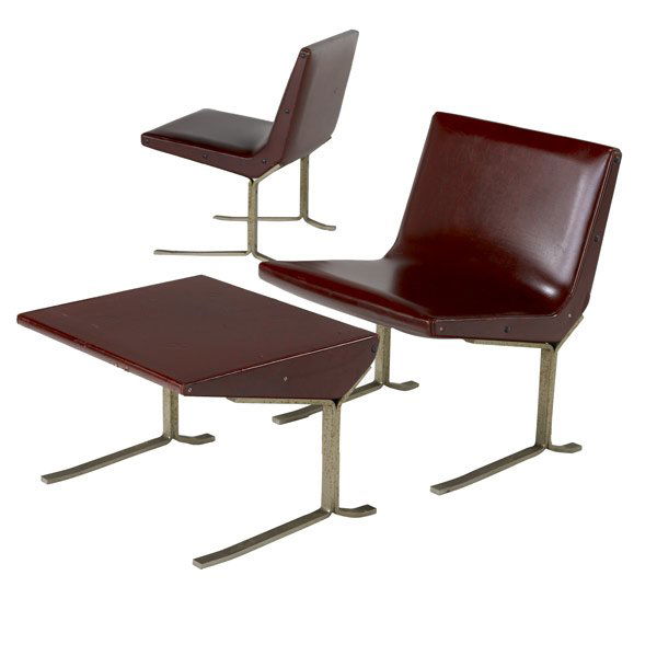 FORMA NOVA Pair of lounge chairs: FORMA NOVA Pair of lounge chairs with matching ottoman covered in red vinyl on steel frames. Chairs: 28'' x 23 1/2'' x 20''