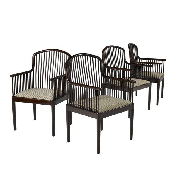 DAVIS ALLEN / STENDIG Set of four armchairs: DAVIS ALLEN / STENDIG Set of four Andover lacquered beechwood armchairs with fabric-upholstered seat pads. Stendig foil label, and upholstery tag. 36'' x 21 1/2'' x 21 1/2''