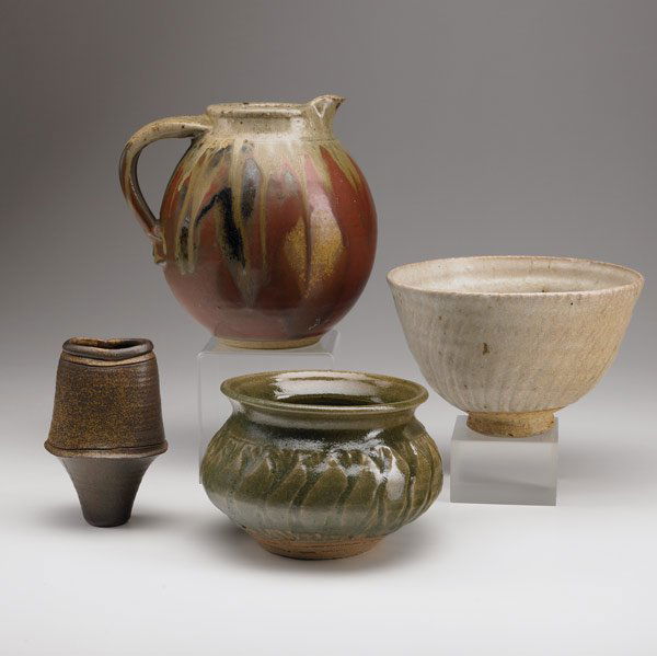 PAUL CHALEFF, KATHERINE PLEYDELL-BOUVERIE Ceramics: PAUL CHALEFF, KATHERINE PLEYDELL-BOUVERIE, JOHN WARD Four ceramic pieces: Paul Chaleff pitcher covered in red-brown flambe glaze; Katherine Pleydell-Bouverie stoneware vase embossed with leaves, cover