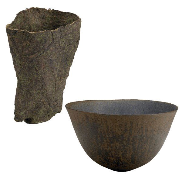 EWEN HENDERSON (Attr.) Mixed laminated clay vessel: EWEN HENDERSON (Attr.) AND JOHN WARD (British) Mixed laminated clay vessel and coiled stoneware vessel covered in matte glaze. (Provenance: Collection of Hope and Jay Yampol.) Henderson unsigned, Ward