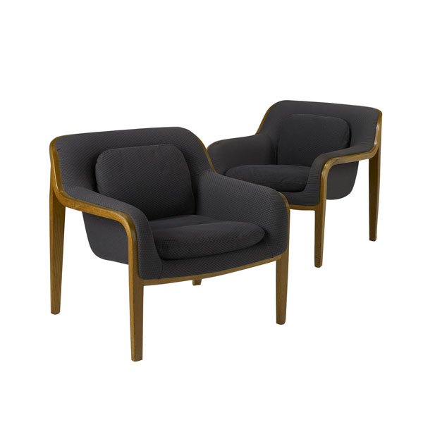 BILL STEPHENS / KNOLL Pair of club chairs: BILL STEPHENS / KNOLL Pair of club chairs on laminated oak frames with wool upholstery. Knoll International label. 29'' x 30'' x 30''