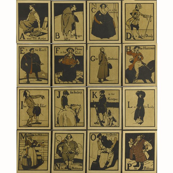 WILLIAM NICHOLSON 26 Alphabet prints: WILLIAM NICHOLSON (British, 1872-1949) Twenty-six color woodblock prints, ''An Alphabet''. Twenty-five behind glass. A couple have minor tears, foxing, or stains, but in overall excellent conditions.