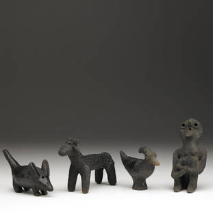 FOUR FALASHA JUDAICA RITUAL FIGURES, ETHIOPIA: FOUR FALASHA JUDAICA RITUAL FIGURES, ETHIOPIA Burnished low-fired terra cotta representing a mouse, a bird, a ram, and a seated man, late 19th - early 20th c. (Provenance: Late Benedict Tatti collecti