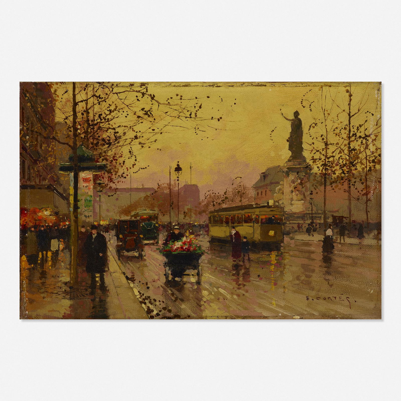 Edouard Léon Cortès, Place de la République: Edouard Léon Cortès Place de la République oil on canvas9 h × 13 w in (23 × 33 cm) Signed to lower right 'E Cortès'. This work will be included in the forthcoming Edouard Cortès: Cata