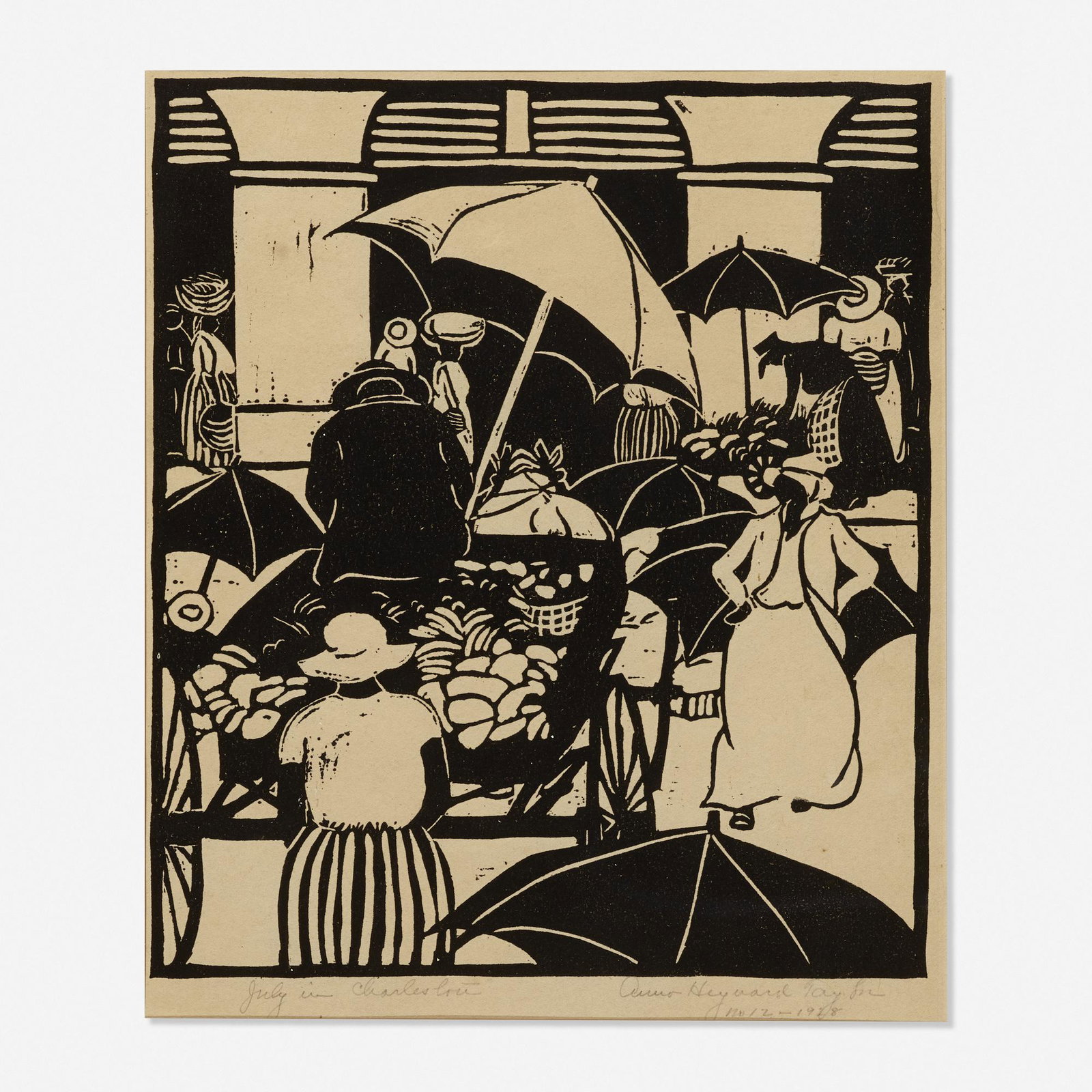 Anna Heyward Taylor, July in Charleston: Anna Heyward Taylor July in Charleston 1928 woodcut 10 h × 14.5 w in (25 × 37 cm) Signed, titled, dated and numbered to lower edge 'July in Charleston Anna Heyward Taylor no 12 - 1928'.