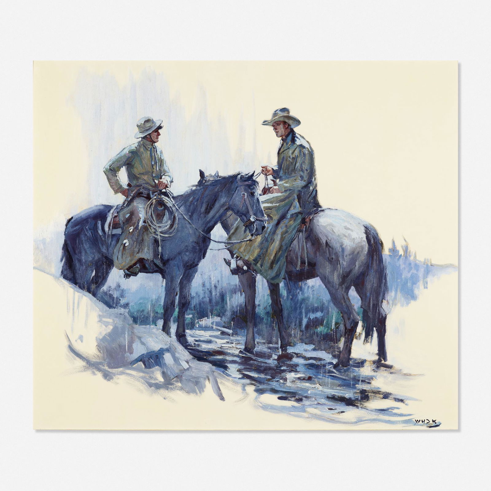 William Henry Dethlef Koerner, Slicker Weather: William Henry Dethlef Koerner Slicker Weather 1930oil on Masonite29 h × 33.75 w in (74 × 86 cm) Signed to lower right 'WHDK'. Signed and titled to verso '#91 - Slicker Weather W.H.D.