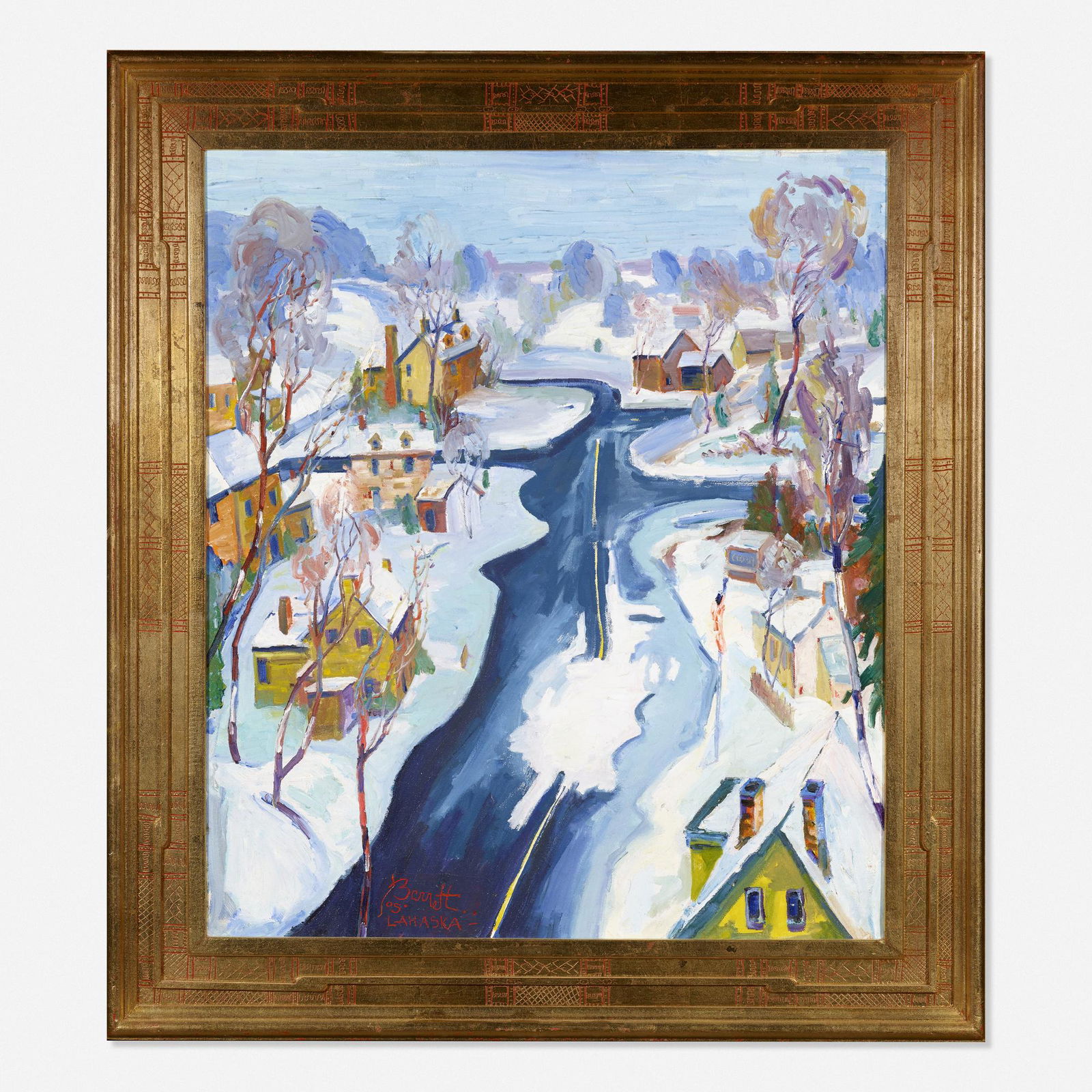 Joseph Barrett, Old Village Road: Joseph Barrett Old Village Road oil on canvas30 h × 26 w in (76 × 66 cm) Signed to lower left 'Jos Barrett Lahaska'. Signed, titled and inscribed to verso 'JB Lahaska PA May Old Village Ro