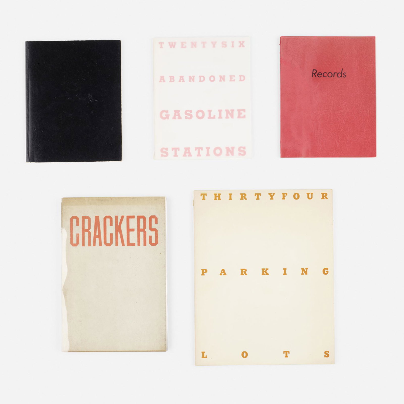 Ed Ruscha, collection of four books: Ed Ruscha collection of four books 1969, 1971, 1974, 1992 9.875 h × 7.875 w in (25 × 20 cm) Lot includes four books by Ed Ruscha: Thirty-four Parking Lots in Los Angeles, 1967, Cra